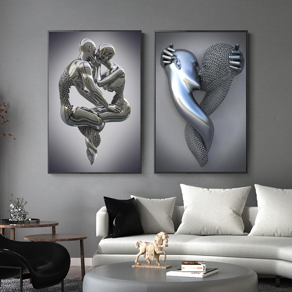 Metal Robot Abstract Art Sculpture Oil Painting Poster Exquisite Light Luxury Erotic Wall Decoration Painting Version