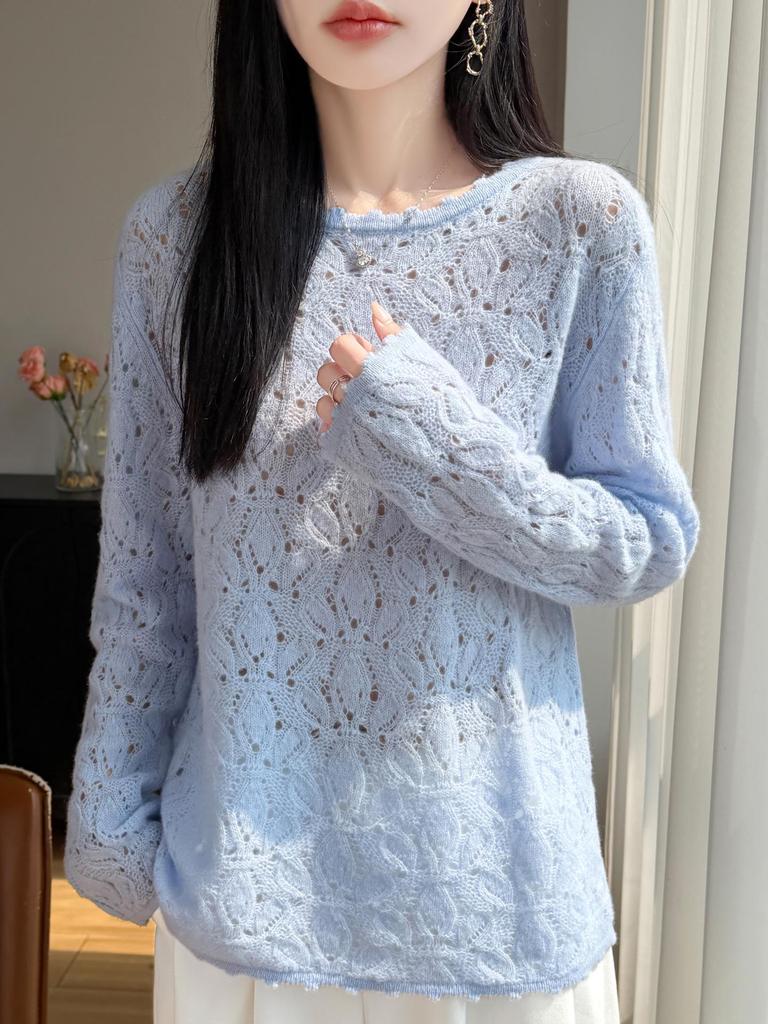ER26 Spring Hollow Flower Knit Top - Sweet Crochet Texture Pullover for Women
