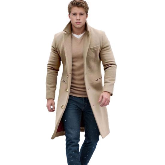Мужское шерстяное пальто с лацканами, длинный рукав, однобортная куртка, пальто с карманами, однотонный цвет