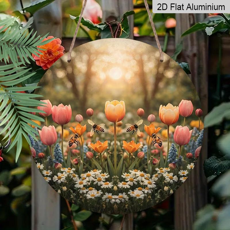 2D Flat Aluminum Tulip and Bee Wall Decor Rustic Garden Style 7.87 Inches X 7.87 Inches Perfect for Gardens, Farmhouses, Front Doors, Porches, and