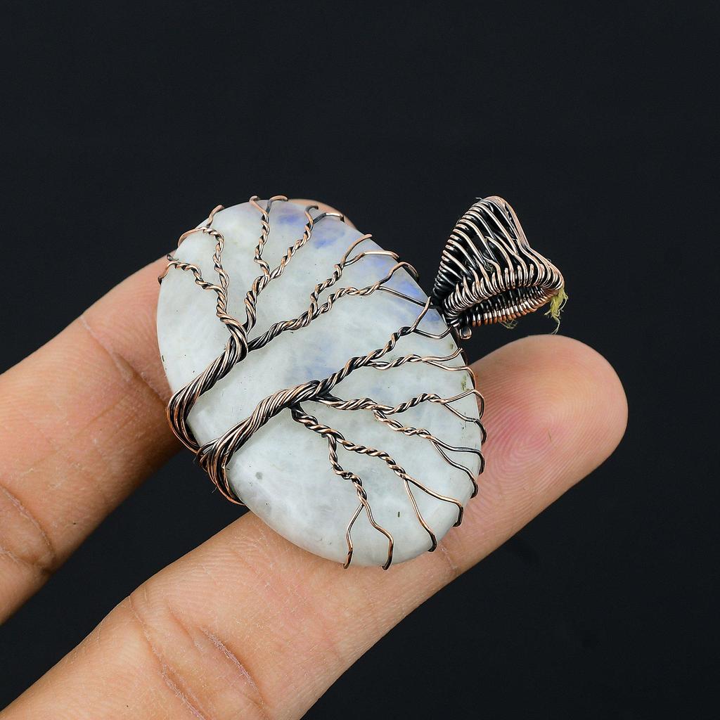 Двойное Древо Жизни Лунный Камень Драгоценный Камень Медная Проволока Обертка Кулон Ручной Работы Ювелирный Подарок