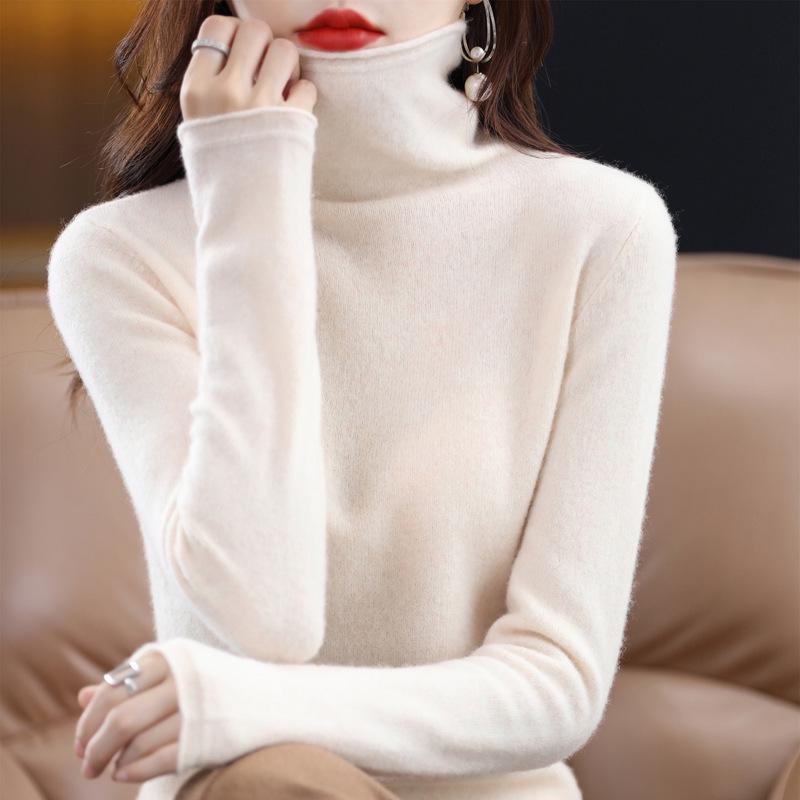 Women's High Neck Wool Sweater - 100% Pure Wool, Rolled Edge for Autumn/Winter - Versatile Cashmere Base Layer Knitwear.
