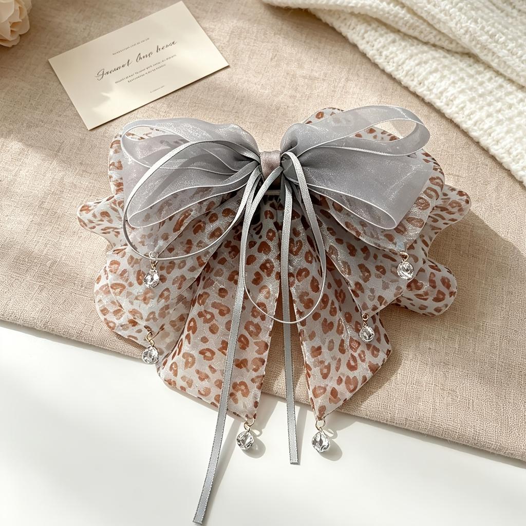 1pc Korean Style Atmospheric Leopard Print Bow Ribbon Half-Tied Hair Ponytail Clip Hair Accessory Atmospheric Volume-Enhancing Hair Clip