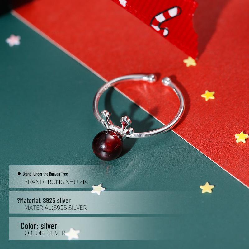 Кольцо Banyan Tree S925 Silver Garnet с рогом оленя - Милое открытое рождественское украшение для женщин