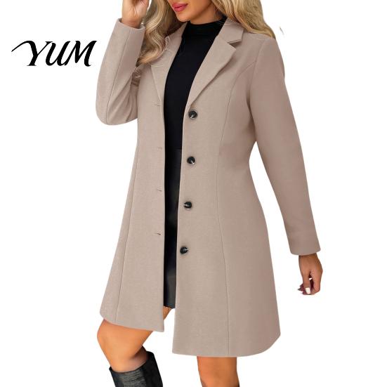 Slim Fit Blazer Coat Notch Lapel Collar Long for Women, Sleeves Single Breasted Solid Color Outerwear Jacket, Fall Winter Mid Length
