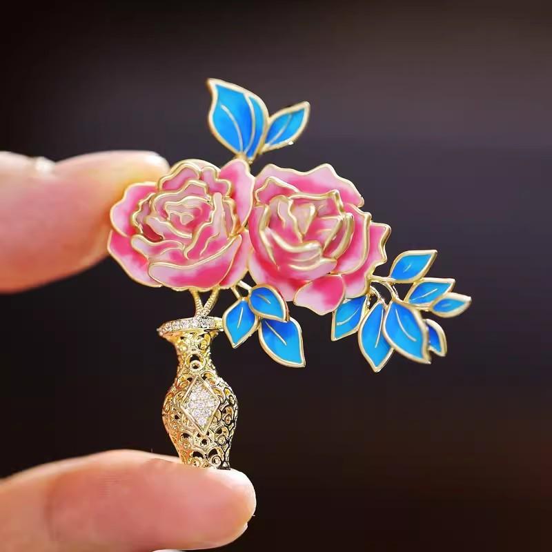 Chinese-style Peony Vase Brooch, High-end Women's Exquisite Enamel Brooch, Niche Design Sense Brooch