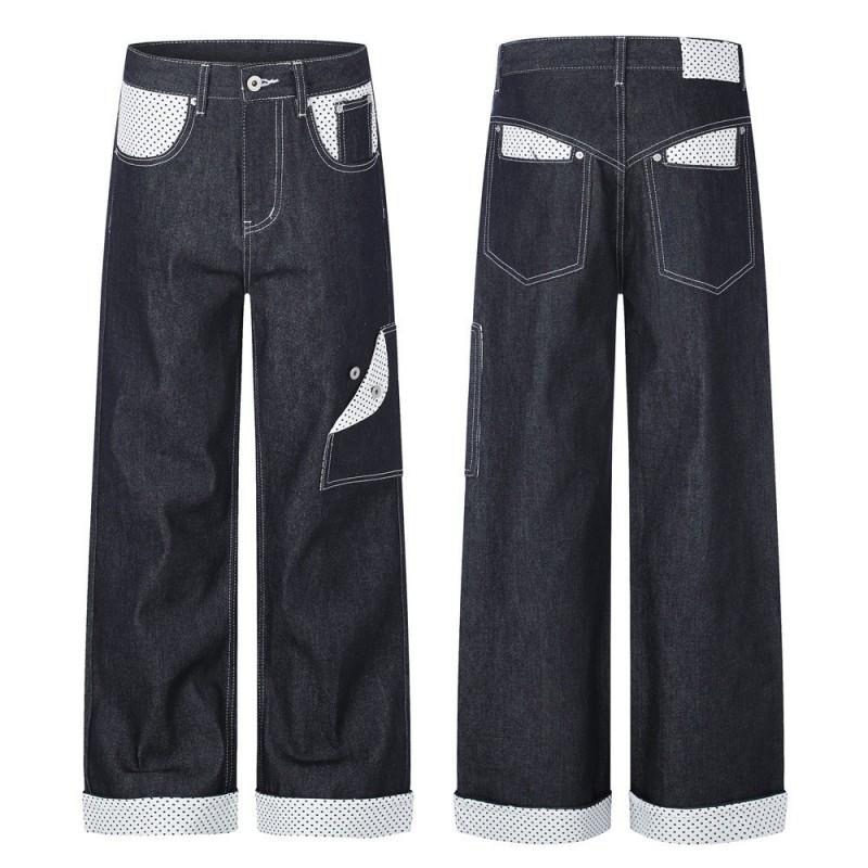 Mens Straight Leg Jeans Relaxed Fit Color Block Polka Dot Casual Streetwear Pocket Pants