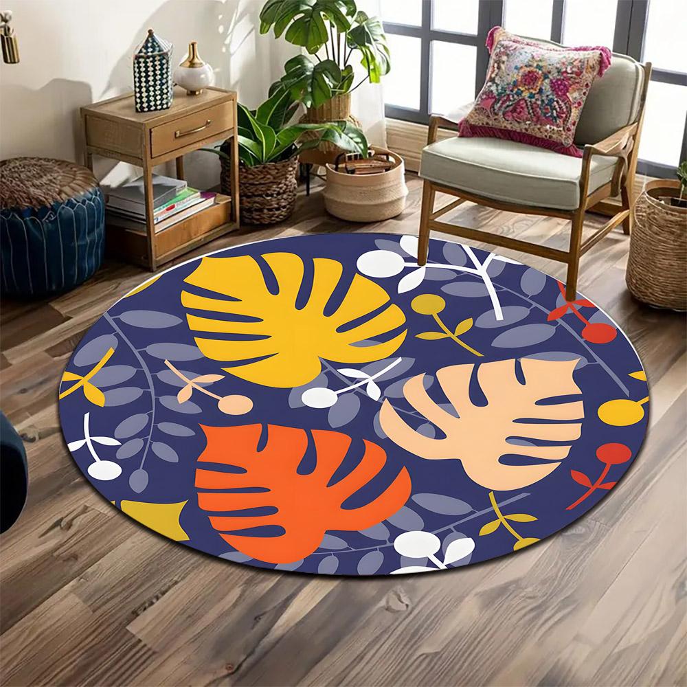 Tropical Leaves Pattern on Dark Blue Print round rug, living room, bedroom, playroom carpet, non slip floor mat, gift