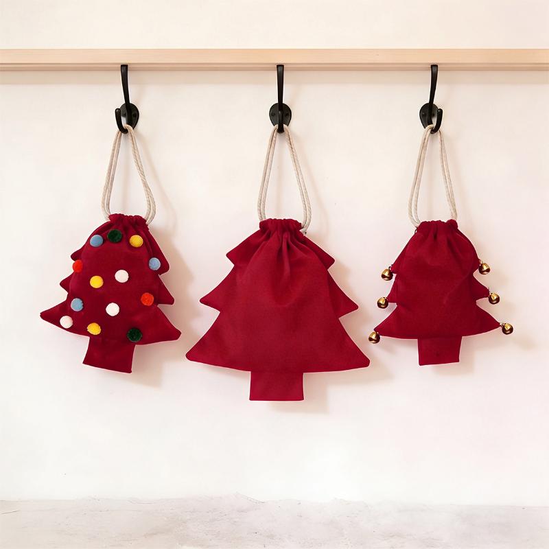 Polyester Christmas Tree Drawstring Gift Bag with Pom Poms Bell Decor Reusable for Xmas Gift Wrapping Supplies