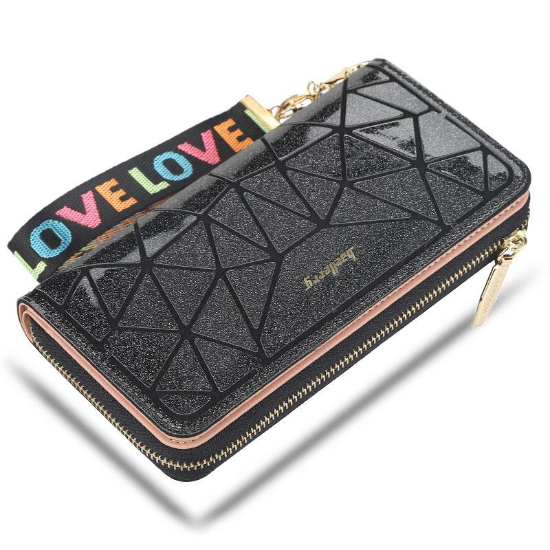 Women's Fashion Shiny Long Wallet with Lanyard Pu Leather Clutch Bag Zipper Cell Phone Bag Ladies Multi-card Coin Purse