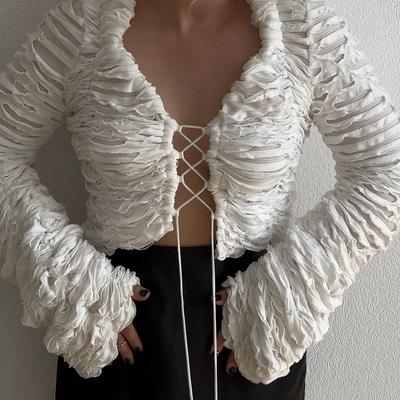 Белые полые сексуальные топы женские осенне-зимние модные плиссированные свободные бандажные кардиганы женские уличные повседневные футболки с длинным рукавом на шнуровке с оборками футболка пальто
