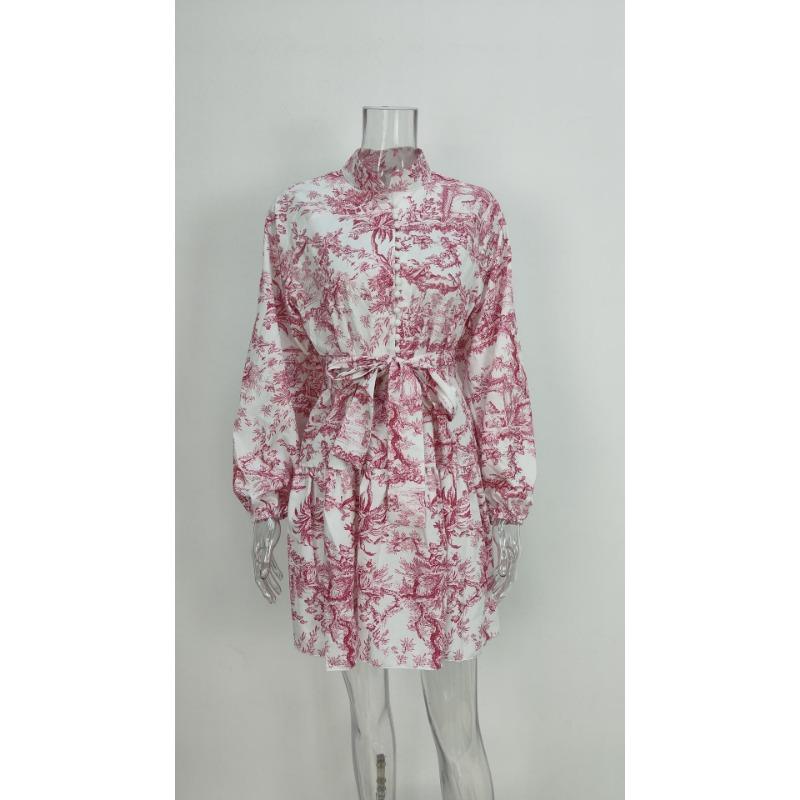 Women Elegant High Waist Tied Printed Long Sleeve A Line Short Dress