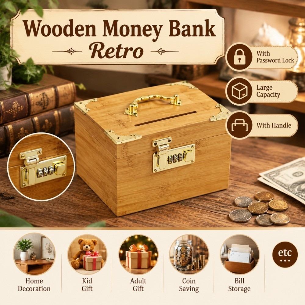 With Password Lock Wooden Money Bank Retro Treasure Storage Box Piggy Bank Bill Storage