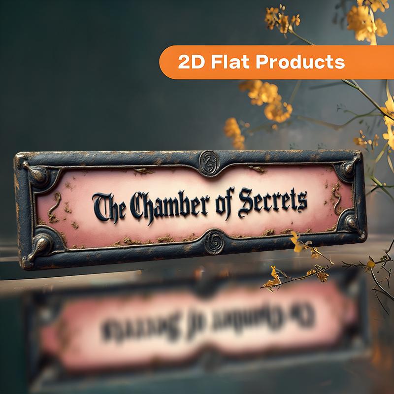 2D Flat, 2D Flat - A Decorative Aluminum Wall Sign In A Vintage Style, Measuring 10X40cm (3.9X15.54 Inches), Featuring 'The Chamber Of Secrets.' It's