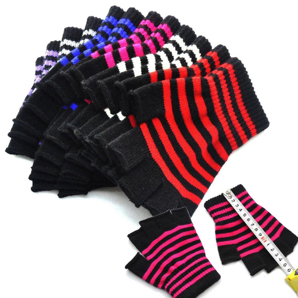Unisex Warm Winter Fingerless Elastic Knitted Gloves Striped Knit Mittens Thicken