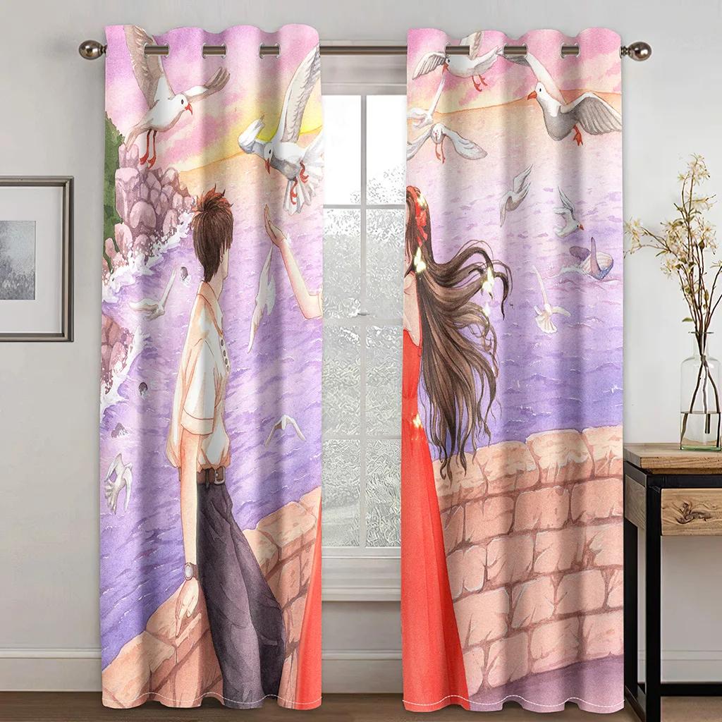 Аниме Парочка Принт Высокая Затенение Шторы Романтика для Спальни Плотная Затемняющая Штора Эстетический Стиль Узор Шторы Многоцветный