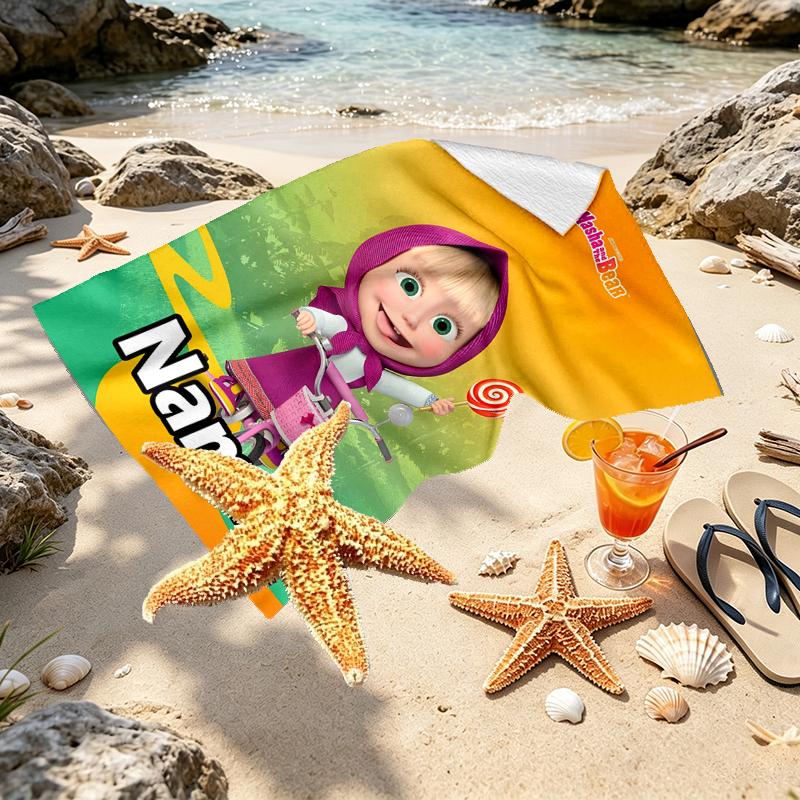 Custom Name Personalized Masha and The Bear Print Beach Towel, for Trip Camping Beach Party Home Decor, Birthday Gift for Family & Friends