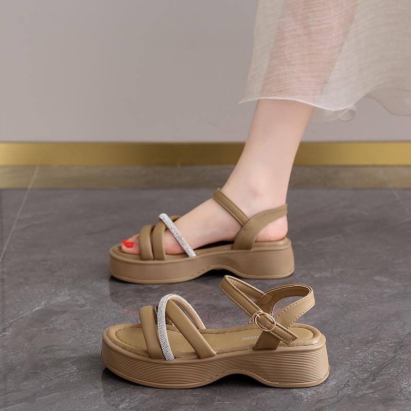 CRLAYDK Summer Women's Rhinestone Strap Sandals Walking Ankle Strap Fashion Platform Casual Slippers Soft Wedge Open Toe Shoes