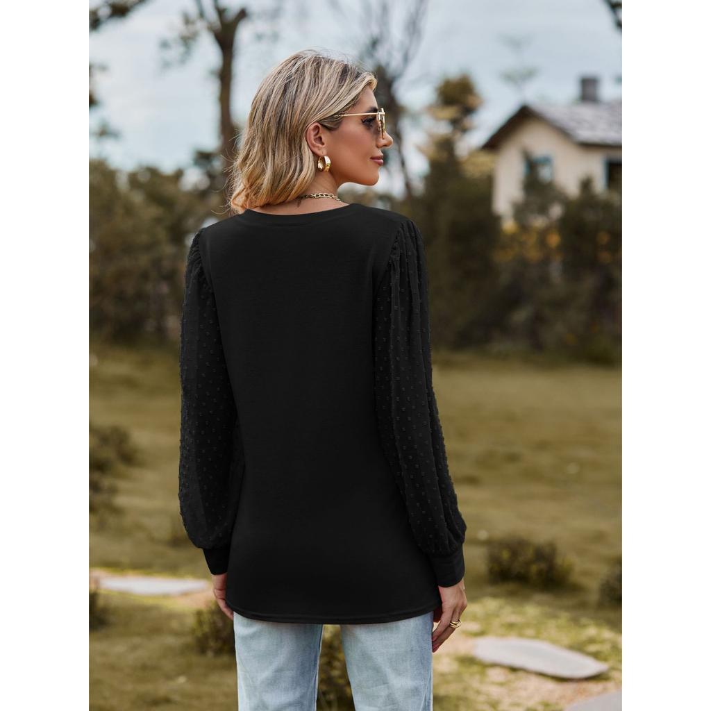 GMXIA Autumn Women's Long Sleeve T-shirt Solid Color V-neck Simple Gauze Bubble