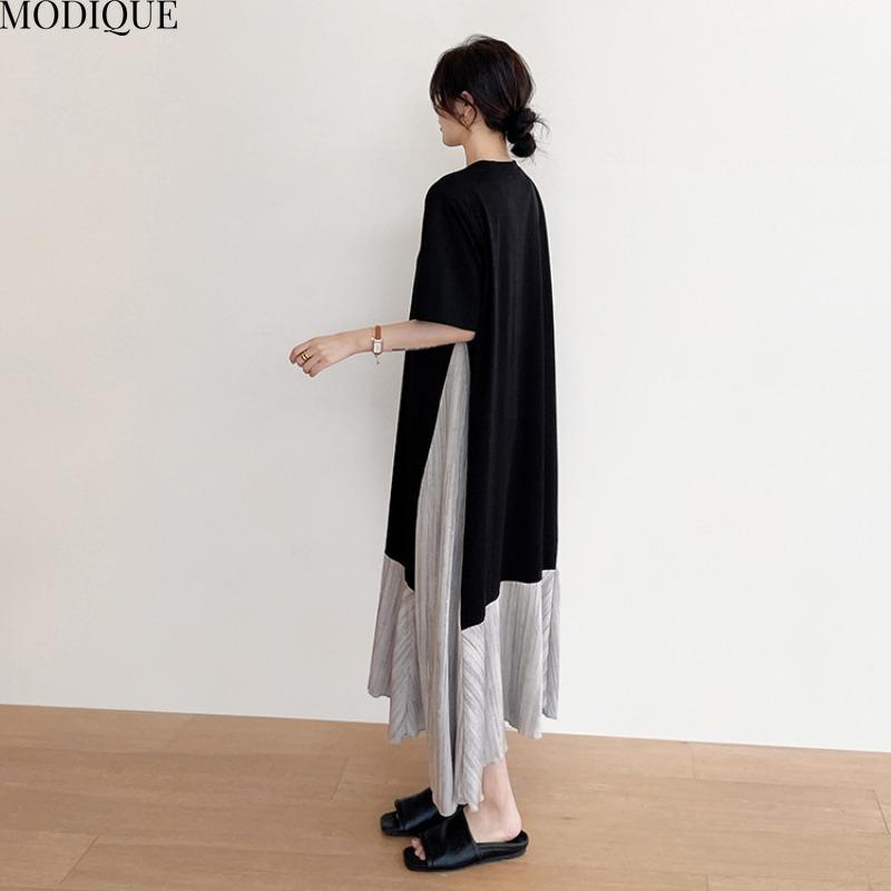 MODIQUE Summer Plus Size New Women Basic Loose Minimalist Patchwork Pleated Long Dresses Female Casual Short Sleeve O-Neck Dresses