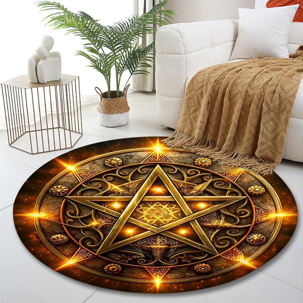Golden Pentagram Magic Design Print round rug, living room, bedroom, playroom carpet, non slip floor mat, gift