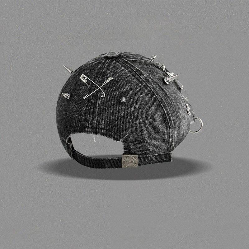 Punk Baseball Cap Rivet Safety Pin Chain Decor Washed Denim Hat Men Women Gothic Streetwear Adjustable Snapback Sun Visor Cap
