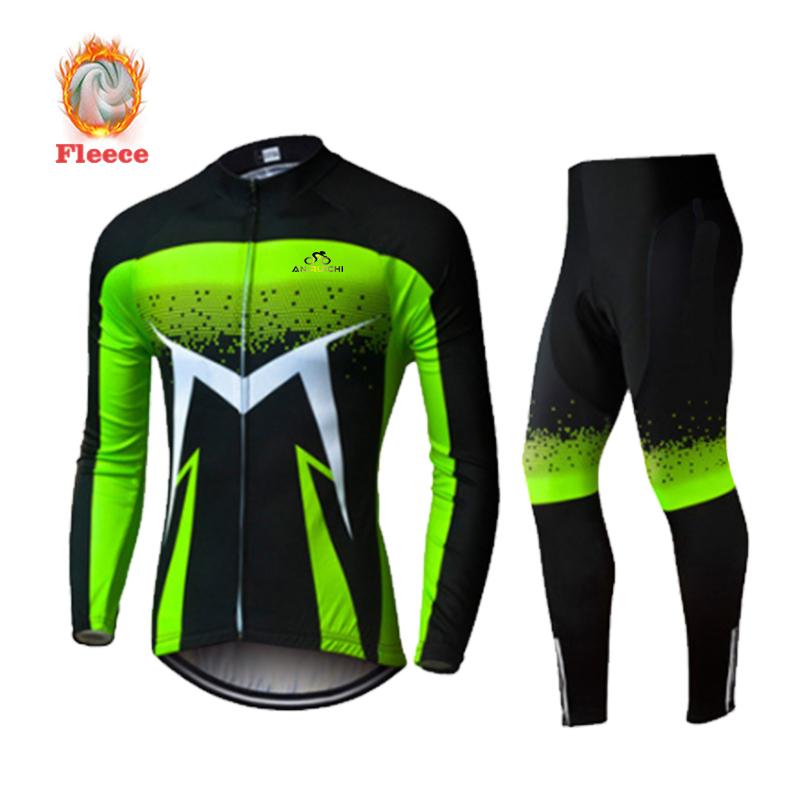 Зимняя термофлисовая одежда для велоспорта с длинными рукавами, мужской флуоресцентный зеленый велосипедный трикотаж, костюм для езды на велосипеде, горный велосипед, комплект из джерси с нагрудником и брюками