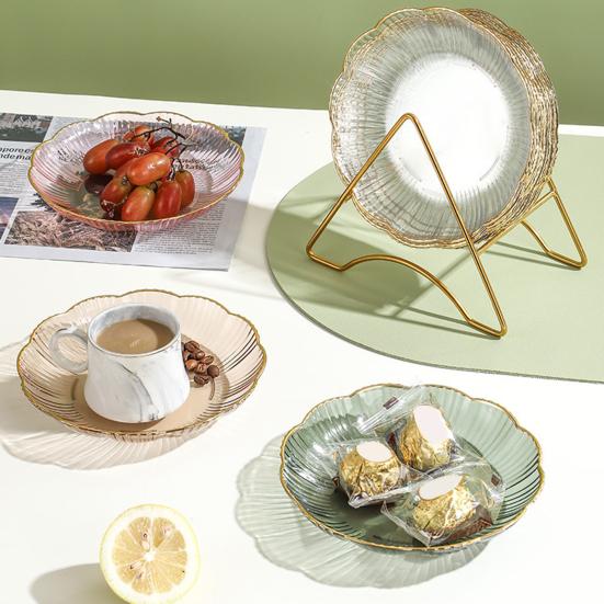 Прозрачная фруктовая тарелка с золотым краем, штабелируемая тарелка для закусок, небьющаяся круглая тарелка для салата, десерта, обеденная тарелка, принадлежности для столовой