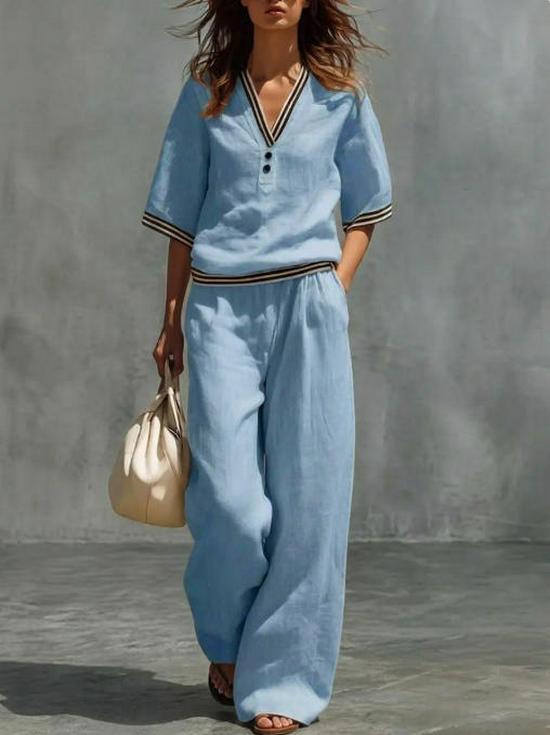 2026 Spring/Summer Linen V-Neck Casual Women's Suit Set with Solid Wide-Leg Pants – European and American Style Two-Piece