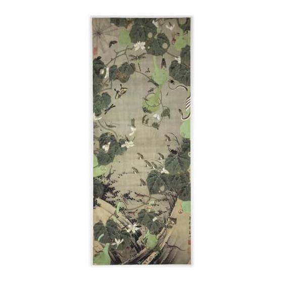 Ito Jakuchu "Ikebe Gun-chuzu" Ukiyo-e Tenugui Towel - Approx. 90x35cm, Made in Japan, 100% Cotton - Featuring Insects, Frogs, Butterflies, Spiders,