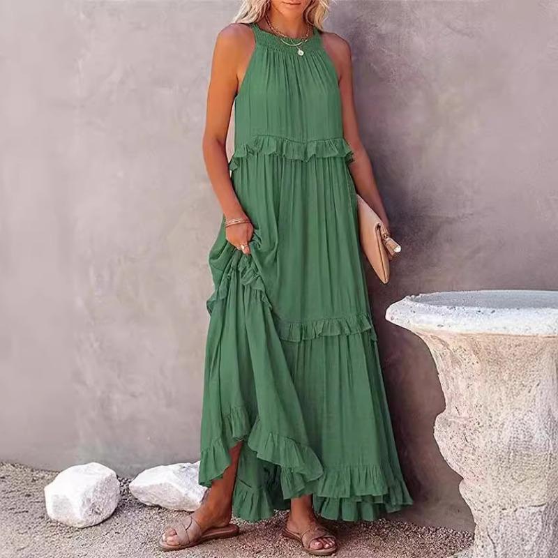 Fashion Elegant Sleeveless Ruffled Maxi Long Dress New O Neck Loose Casual Simple Summer A-line Beach Dresses Female Pleated Solid Color Clothing