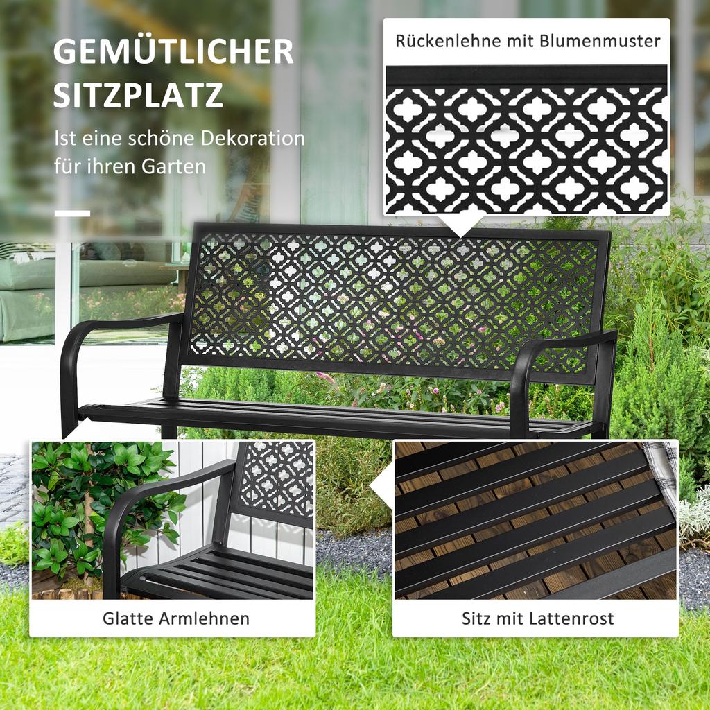 Metal Garden Bench, 2-Seater, Floral Pattern, Weather-Resistant, 127 x 63 x 83cm, Black