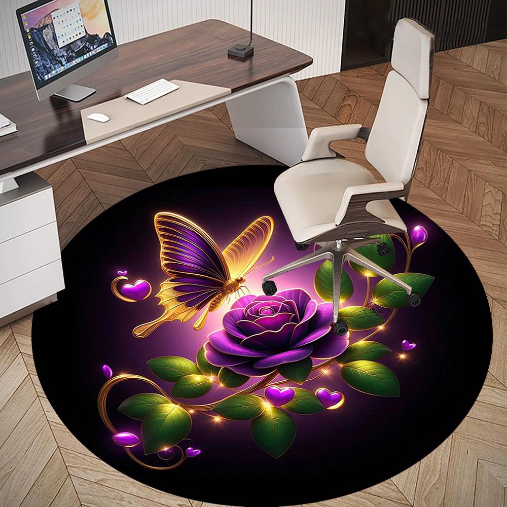 1pc Butterfly Rose Round Chair mat Area Rug - Non-Slip, Floor Mat for Office, Bedroom, and Indoor Decor -1002227