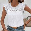 Летняя белая кружевная рубашка с круглым вырезом и оборками, женская свободная повседневная модная универсальная футболка-пуловер, женская футболка без рукавов