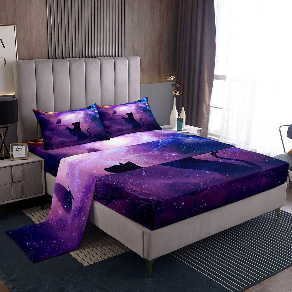 Cute Animal Cartoon Cat Pattern Bed Hat Four-Piece Bedding Set Bedroom Dormitory Bedding Decoration