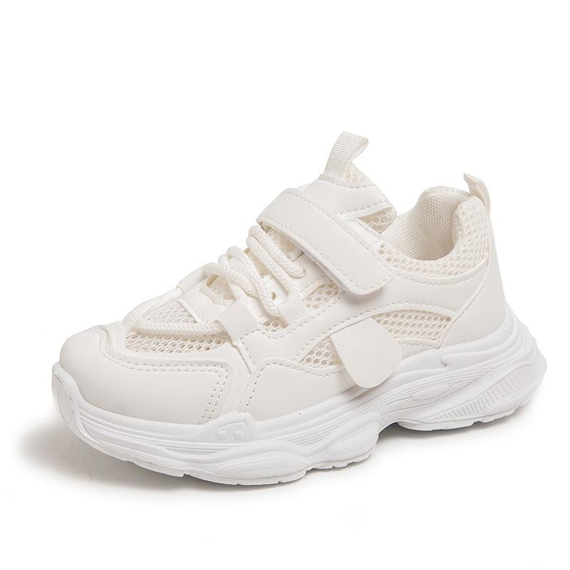 New summer white sneakers for children, dad shoes for boys and girls, breathable mesh Velcro running shoes, trendy