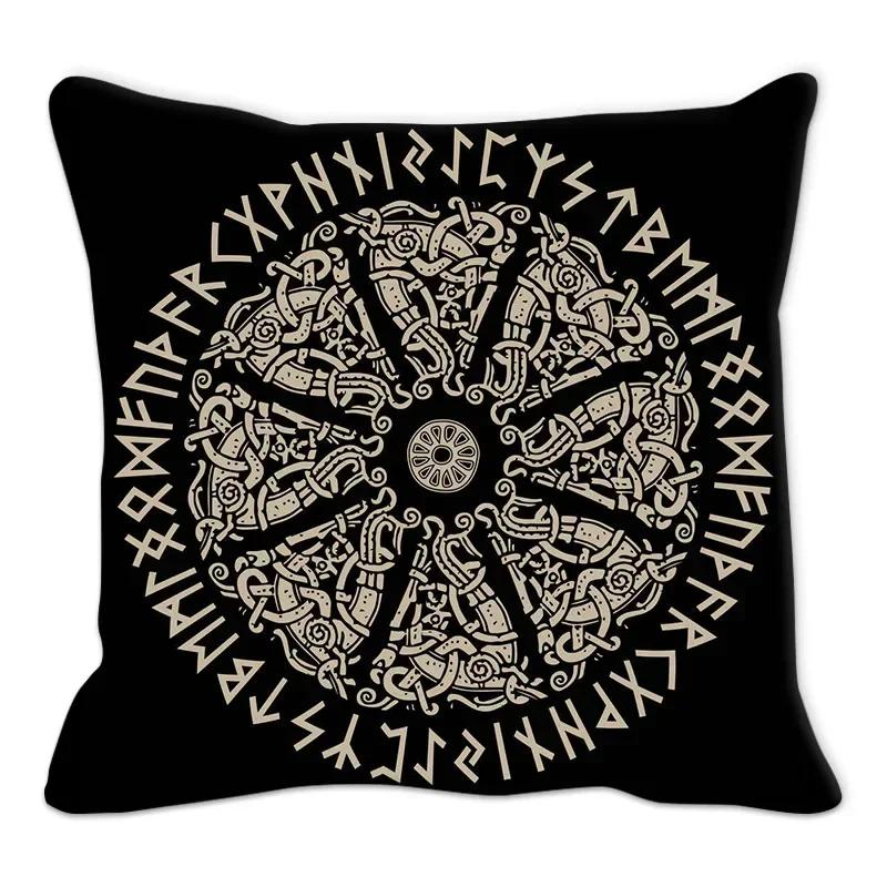 Funda de almohada con amuleto vikingo, cojín para sofá, decoración del hogar, funda geométrica en blanco y negro