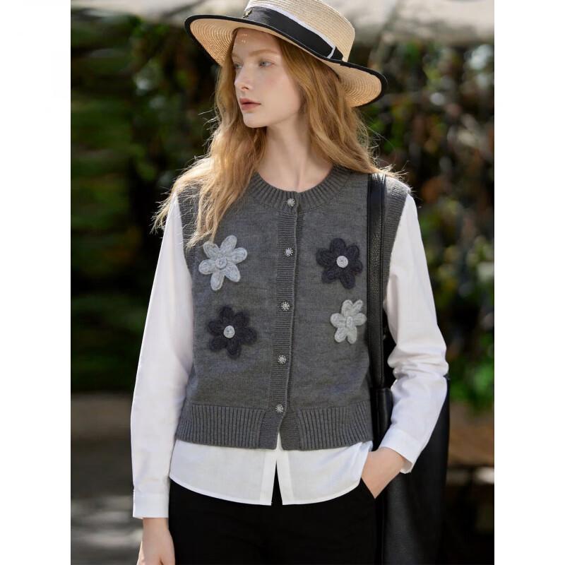 Basic House Floral Accent Crew-Neck Faux Two-Piece Knitted Cardigan