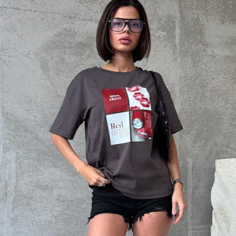 Printed Top Cotton Short Sleeved Round Neck T-shirt Women's Loose Fitting Pullover Versatile Daily Dressing Summer 2025 New Fashion