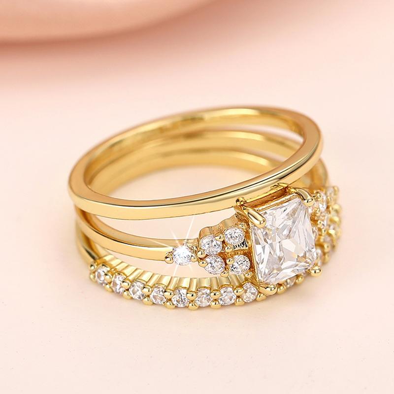 CAOSHI Gorgeous 3Pcs Set Engagement Party Ring with Shiny Cubic Zirconia Gold Color Jewelry for Women Elegant Finger Accessories