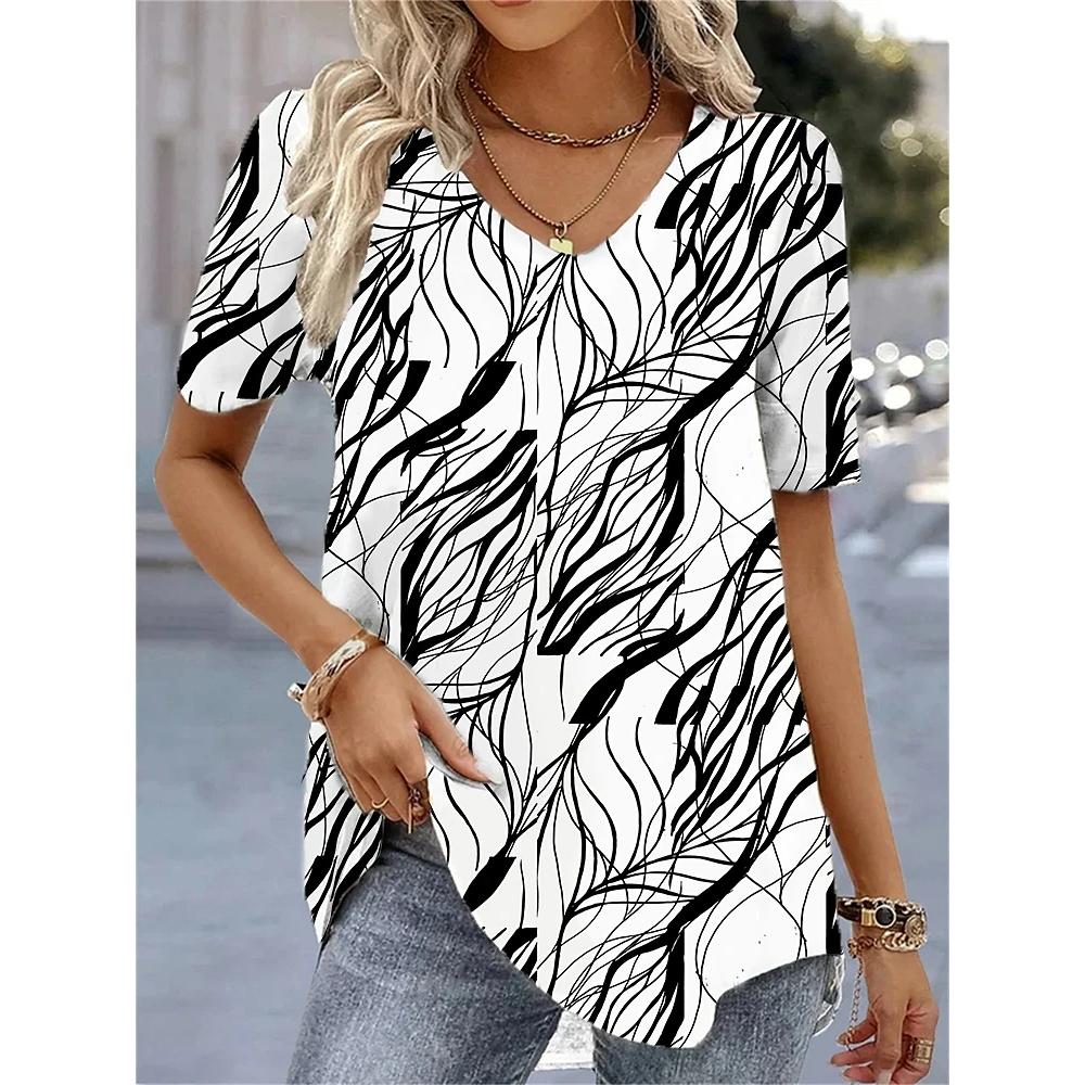 Модные женские блузки 2024, футболка женская с 3d цветочным принтом, белая футболка Kawaii с v-образным вырезом, женская одежда, летние топы большого размера, футболка