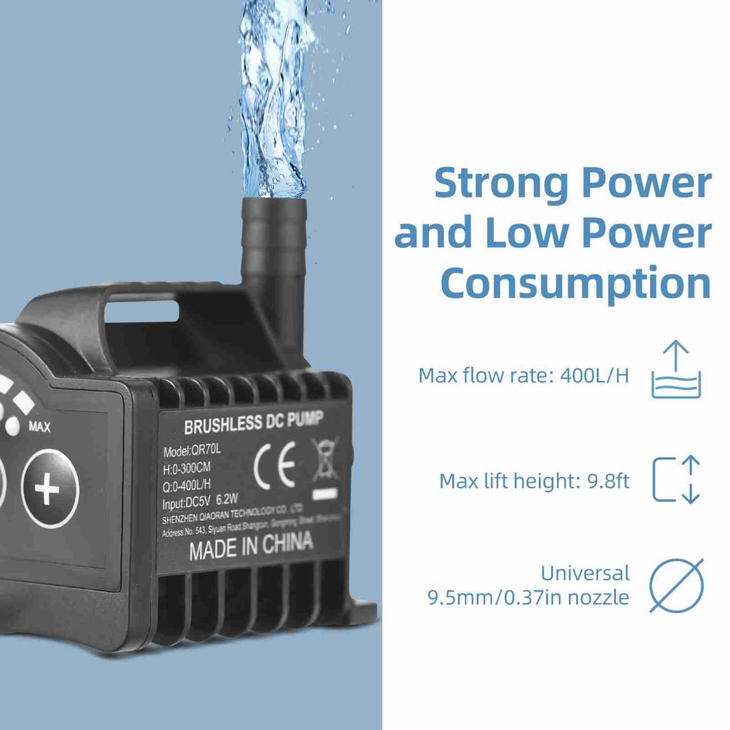 Submersible 5V Water Pump 8 Levels Adjustable 0 600L H Small Fountain Pump with 0 7.2ft Lift, 6.5ft USB Charging and