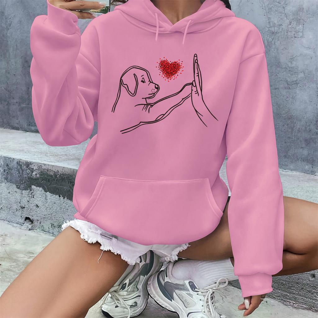 Women's autumn and winter warm loose casual and dog high five pattern printed suede long sleeved hooded sweatshirt