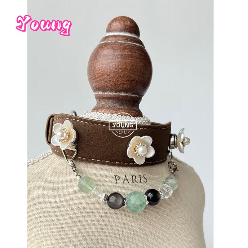Luxury Leather Natural Crystal Charm Dog Collar Green Fluorite Double Cat's Eye Silver Obsidian Clear Quartz Beaded Pet Necklace