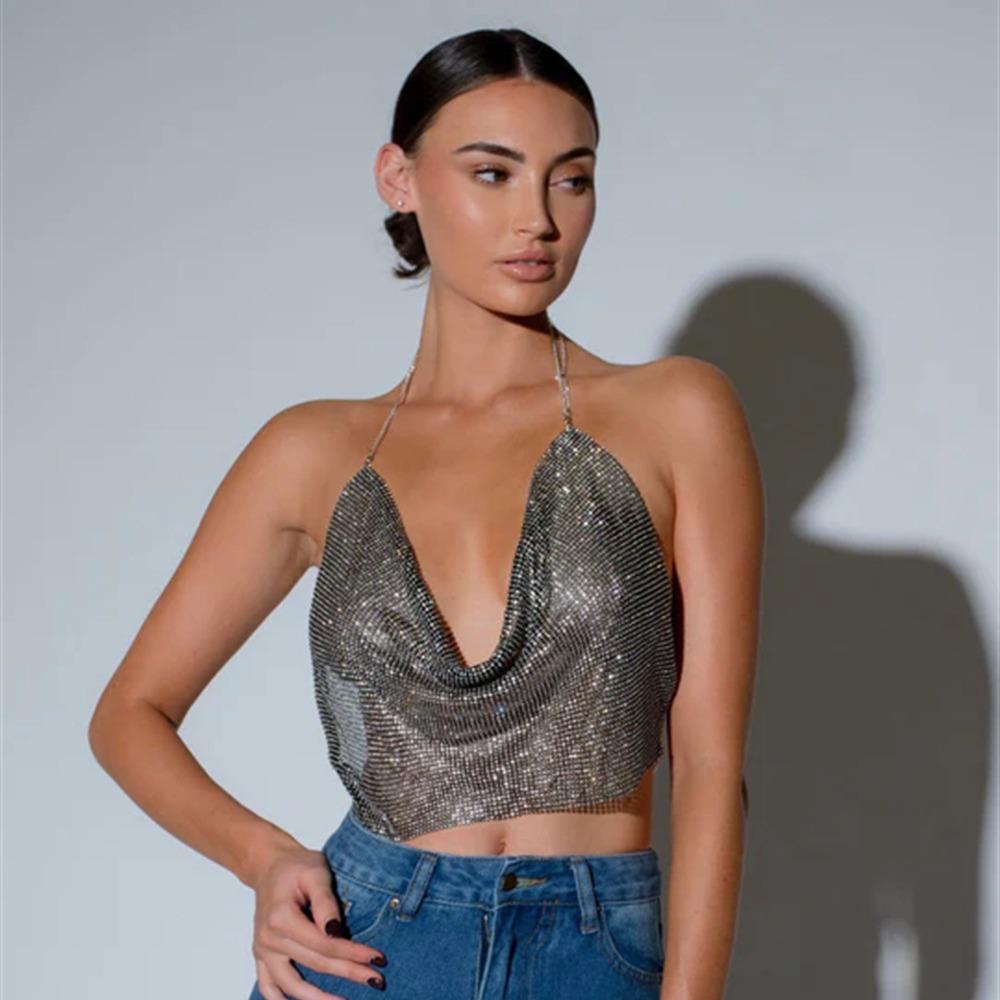 Европейская и американская мода Стразы Цепочка Бретелька Глубокий V-образный вырез Открытая спина Кроп-топ