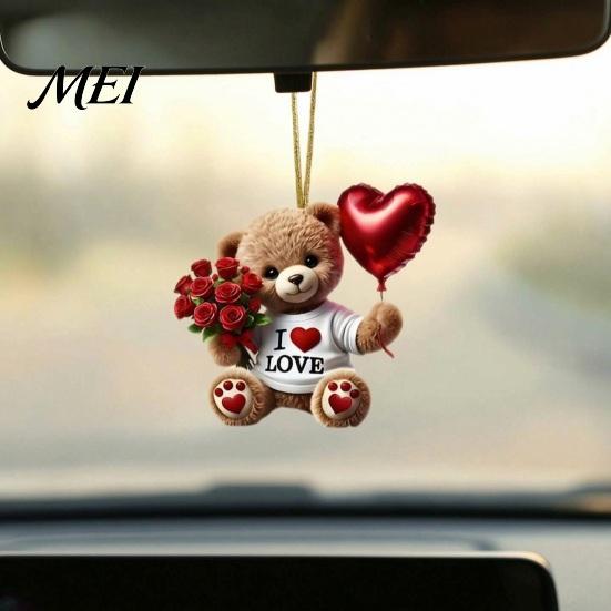 Acrylic Rose Decoration Teddy Bear Hanging Ornament, Holding Heart Balloon Red Bouquet Decoration, Ornament Car Rearview Mirror 2D Flat Pendant