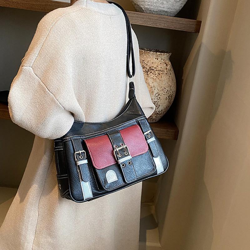 Yogodlns Retro Patchwork Shoulder Bag For Women Soft Leather Crossbody Bag Cool Girl Messenger Bag Shopping Purse Handbag