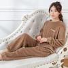 Женский теплый пижамный костюм, зимняя домашняя одежда, коралловый флис, толстая бархатная пижама, комплект из топа и брюк, пуловер с круглым вырезом, повседневная свободная фланелевая пижама с длинными рукавами