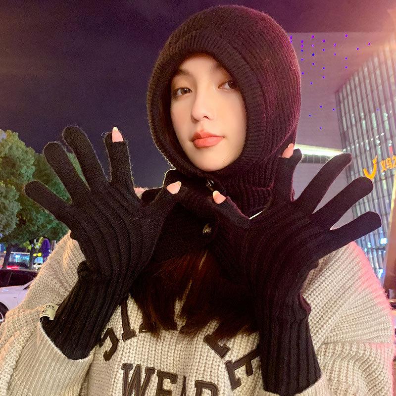 Women's Scarf Integrated Knitted Warm Hat Autumn and Winter Cold Gloves Outdoor One-piece Children's Wool Cape Hat