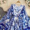 Новое летнее богемное сине-белое шифоновое праздничное пляжное платье с фарфоровым принтом, женское длинное платье макси с круглым вырезом и расклешенными рукавами